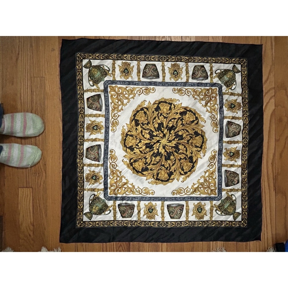 Vintage Berkshire Baroque Scarf Black Gold Urn Floral Print Large Square 34 in